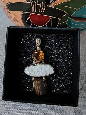 Multi Stone 925 Silver Pendant: Amber, White, Agate Gemstones – Boho Jewelry